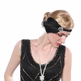 Teyglen 1920s Flapper Feather Headband Feather Headpiece Vintage Black Feather Crystal Hair Band Roaring 20s Showgirl Headpiece Costume Hair Accessories for Women Girls