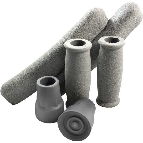 Cornucopia Replacement Crutch Parts Set, Comfortable Gray Rubber Pads Underarm Cushions, Hand Grips, and Feet Caps, Fits Standard Aluminum Crutches