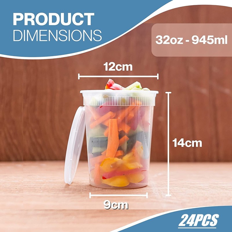 LATERN 24Pcs Plastic Containers with Lids, 950ml /32oz Reusable Food