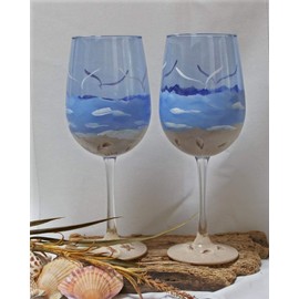 Hand Painted Wine Glasses - Beach and Sand on Cobalt Blue Glass (Set of 2)