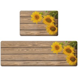 Nesphy Anti-Fatigue Sunflower Kitchen Rug Set of 2 Cushioned Wooden Background Mat for Floor, Standing Waterproof Non-Slip Rug PVC Ergonomic Comfort Foam Kitchen Decor