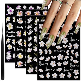 5D Flower Nail Stickers for Nail Art, 4 Sheets 3D Embossed White Yellow Colorful Pegatinas Uñas Nail Accessories Self Adhesive Floral Lace Nail Decals Supplies for Women Spring Summer
