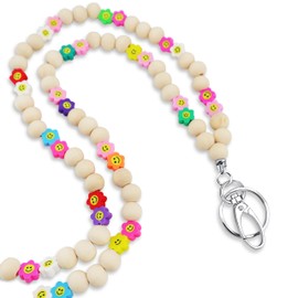 MyfavoriteK Smile Teacher Lanyard for Women for id badges and Keys Cute Happy Face Wood Beaded Lanyard for Teacher Nurse Work (Natural)