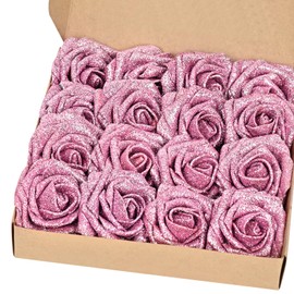 BLEUM CADE 16Pcs Artificial Flowers Fake Roses with Stems, Pink Glitter Boxed Foam Roses for DIY Bouquets Centerpieces Wedding Party Arrangement Bridal Shower Decor