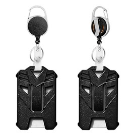 Horee ID Badge Holders with Rotation Clip, Tactical Hard Plastic Card Holder Holds 3-5 Cards, 4" x 2.65", Keychain Retractable 24" Fiber Pull Cord, Black Reels, Set of 2