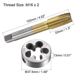 sourcing map Tap and Die Set Metric M16 x 2, HSS (High Speed Steel) Titanium Plated Machine Spiral Point Thread Screw Tap, Alloy Steel Round Threading Die