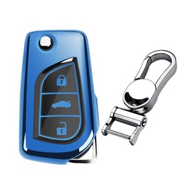 M.JVisun Soft TPU Case Key Fob Cover For Toyota 4Runner Avalon C-HR Camry Corolla Fortuner Highlander Levin RAV4 LE Sequoia Sienna Tacoma Tundra Yaris Car Key Shells - Glossy Blue - Metal Keychain