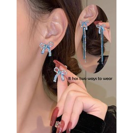 Sparkly Bow Earrings for Women Trendy Rhinestone Chain Tassel Earrings Dangle Jewelry for Wedding Prom Brides Bridesmaid Outfits Christmas Gifts 2024