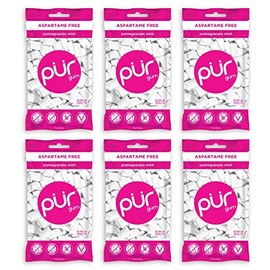 PUR 100% Xylitol Chewing Gum, Sugarless Pomegranate Mint, Sugar Free + Aspartame Free + Gluten Free, Vegan & Keto Friendly - Low Carb, Simply Pure Natural Fruit Flavored Gum, 55 Pieces (Pack of 6)