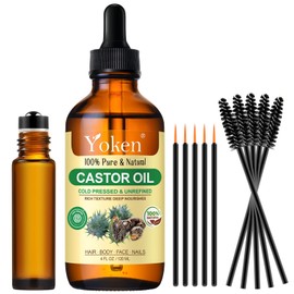 Castor Oil USDA & EWG Verified 4oz Glass Bottle - 100% Pure, Cold Pressed, Hexane Free, Virgin Caster Oils for Face, Eyelash, Eyebrow, Hair - with Lash Starter Kit & Empty Roller Ball Bottle