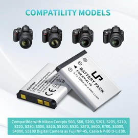EN-EL10 Battery Pack, LP 2-Pack 1200mAh EN EL10 Battery, Compatible with Nikon Coolpix S60, S80, S200, S203, S205, S210, S220, S230, S500, S510, S5100, S520, S570, S3000, S4000, S5100 & More