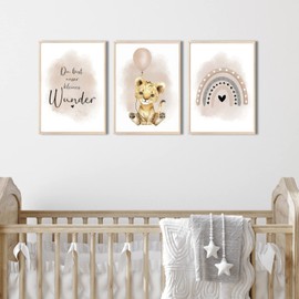 MeinBaby123®, Children's Room Pictures, Set of 3, DIN A4 Poster Set, Wall Pictures, Children's Room Poster, Decorative Pictures, Children's Room Girls and Boys, Premium Wall Poster (Lion & Beige