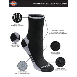 Dickies Women's Dri-Tech Advanced Moisture Wicking Mid-Crew Sock, Black Assorted (6 Pairs), Medium