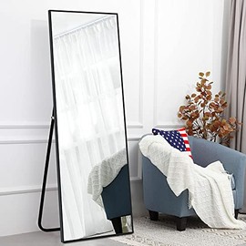 KIAYACI Full Length Floor Mirror with Stand 65"x22" Large Wall Mounted Full Body Mirror Horizontal/Vertical Bedroom Mirror Dressing Mirror Aluminum Alloy Frame Black