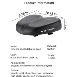 West Biking Oversized Noseless Bike Seat Double Shock Absorption Bicycle Saddle Soft and Elastic Bicycle Seat for Bicycle,Electric Bicycle,Folding Bicycle Black