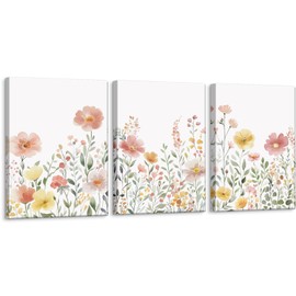 Colorful Wildflower Canvas Wall Art Set of 3 Framed - Pink Floral Watercolor Prints, Modern Minimalist Flower Painting Girls Botanical Nursery Decor for Living Room Bedroom Bathroom, 12x16 Inch