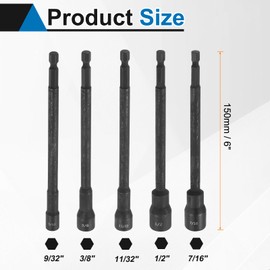 HARFINGTON 5pcs Nut Driver Drill Bit 3/8,7/16,9/32,11/32,1/2 Inch Socket 1/4" Hex Shank 6" (150mm) Extra Long Magnetic 6-Point Sockets Quick Change Chrome Vanadium Steel Bolt Setters