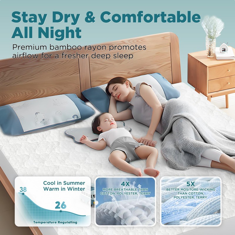 5 Sided Waterproof Mattress Protector Queen Size, Quilted Bamboo Rayon
