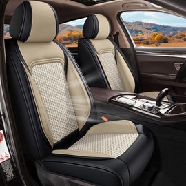 IKABEVEM Seat Covers for Toyota 4Runner Highlander Corolla Tacoma Camry RAV4 Tundra Prius Venza Avalon Mirai Crown: Breathable Cool Ice Silk Leather - 2 Front Seats - Black & Beige