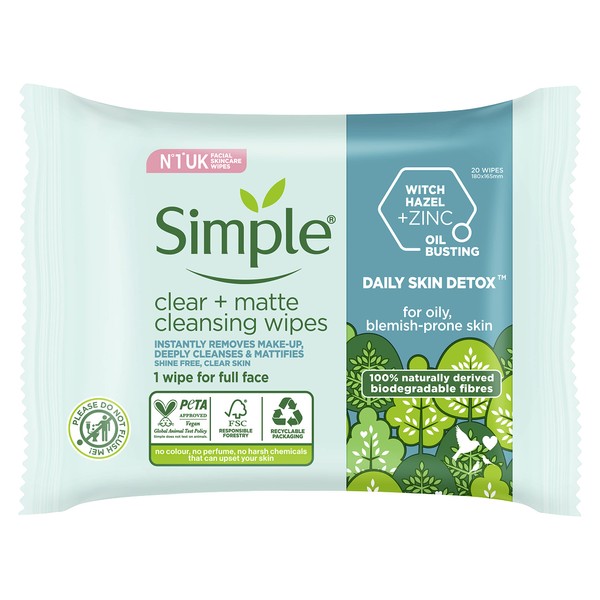 Simple Daily Skin Detox Clear + Matte Biodegradable Wipes with