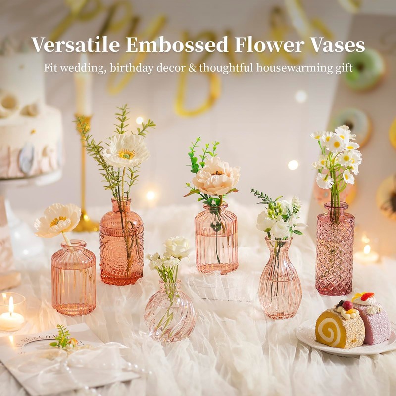Glasseam Glass Bud Vases for Centerpieces, 10Pcs Pink Small Flower