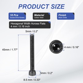 PATIKIL 10 Pcs M5 x 45 mm Hex Socket Head Cap Screws Bolts, 12.9 Grade Carbon Steel Socket Drive Screws, Black Oxide, Full Threads