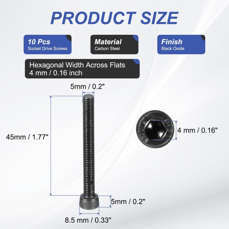 PATIKIL 10 Pcs M5 x 45 mm Hex Socket Head
