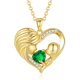 FANCIME Mum Necklace Women, 925 Sterling Silver Heart Mother and Children Birthstone Pendant Necklace Jewellery Mother's Day Gift Birthday Gift for Mum Ladies Women, Sterling Silver, Emerald
