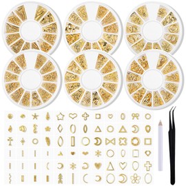 JERCLITY 6 Boxes Gold Metal Nail Studs Geometry Heart Moon Line Sea Creatures Gold Nail Charms 3D Nail Art Jewelry Decoration for Acrylic Nails With 1pc Tweezers and Wax Pencil for Rhinestones
