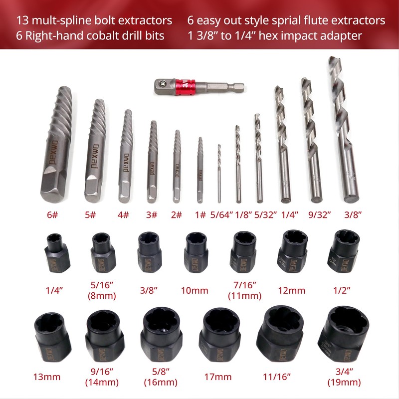 Pexwo 26-Piece Multi-size Bolt Extractor Set, Spiral Screw Extractor, Bolt