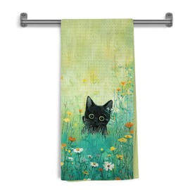 Green Meadow Floral Black Cat Decorative Kitchen Towels, Cat Lover Mom Lady Gifts, Aesthetic Cute Black Kitten Flower Hand Tea & Dish Towels for Bathroom Kitchen, 16x24 Inch
