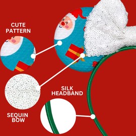 Blue Christmas Pattern Mouse Ear Headband, White Sequin Festive Holiday Hair Accessory for Women or Girls, One Size Fits Most