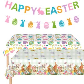 Easter Party Decorations Set – 2 Gold Glitter Banners & 2 Plastic Tablecloths, Happy Easter Bunny Garland, Egg & Green Plaid Table Covers, Easter Table Decor for Home, Classroom & Spring Celebrations
