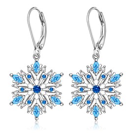 Snowflake Earrings for Women Sterling Silver Winter Snow Flower Leverback Drop Dangle Earrings Blue Sapphire Holiday Christmas Jewelry Gifts