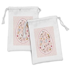 Ambesonne Floral Fabric Pouch Set of 2, Tones Botanical Art with Birds and Flowers in Egg Shaped Frame, Small Drawstring Bag for Toiletries Masks and Favors, 9" x 6", Rose Multicolor