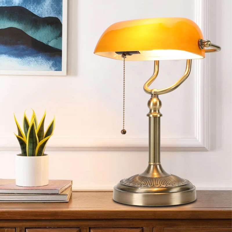 NISSAFORS Bankers Desk Lamp, Amber Glass Shade, Vintage Desk Lamp