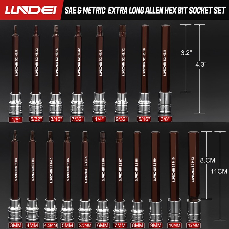 LLNDEI 3/8-Inch Drive Extra Long Allen Hex Bit Socket Set