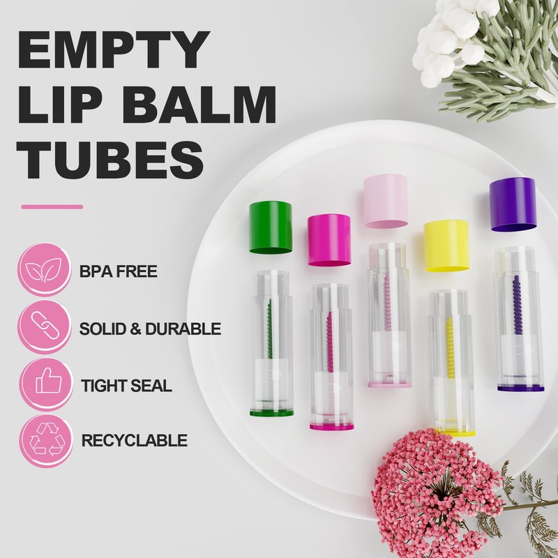 Lip Balm Container Tubes, 5.5ml, Clear with Colorful Caps, 50-Pack