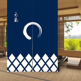 LIGICKY Japanese Style Doorway Curtain Noren Cotton Linen Enso Circle Printed Window Treatment Hanging Door Tapestry for Sushi Kitchen Home Decoration 33.5" Width x 47.2" Long, Navy Blue and White