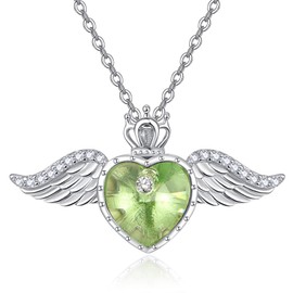 TANGPOET Angel Wings Necklace 925 Sterling Silver Love Heart Crystal Chain Queen Crown Pendant Birthstone Jewellery Gift for Women Girls with Gift Box, Sterling Silver