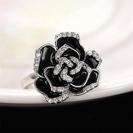 Black Enamel Rose Flower Cubic Zirconia Statement Rings for Women Girls Dainty Crystal Camellia Flowers Finger Ring (Black, 6)