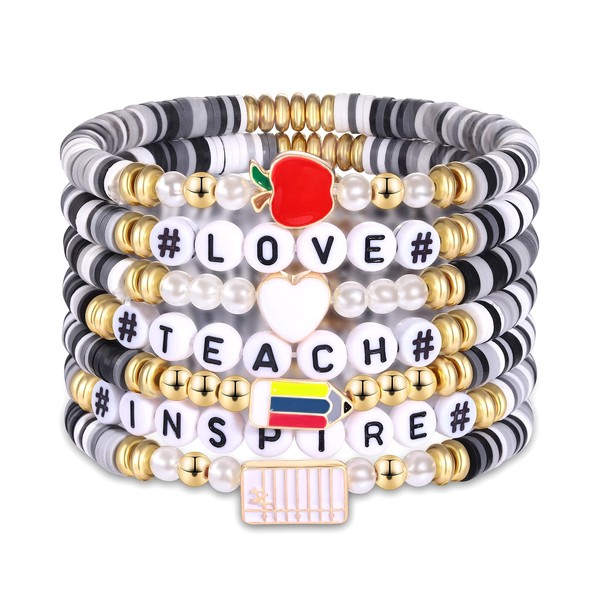 FAERLIIRY Teacher Bracelets Preppy Beaded Bracelets Clay Heishi Stretch Bracelets