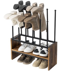 MyGift 2-Tier Boot and Shoe Rack, Urban Industrial Style Burnt Solid Wood and Matte Black Metal Freestanding Boots Holder Entryway Storage Organizer Bench