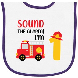 inktastic Sound the Alarm I'm 1 Fire Truck Baby Terry Cloth Bib White and Purple 45818