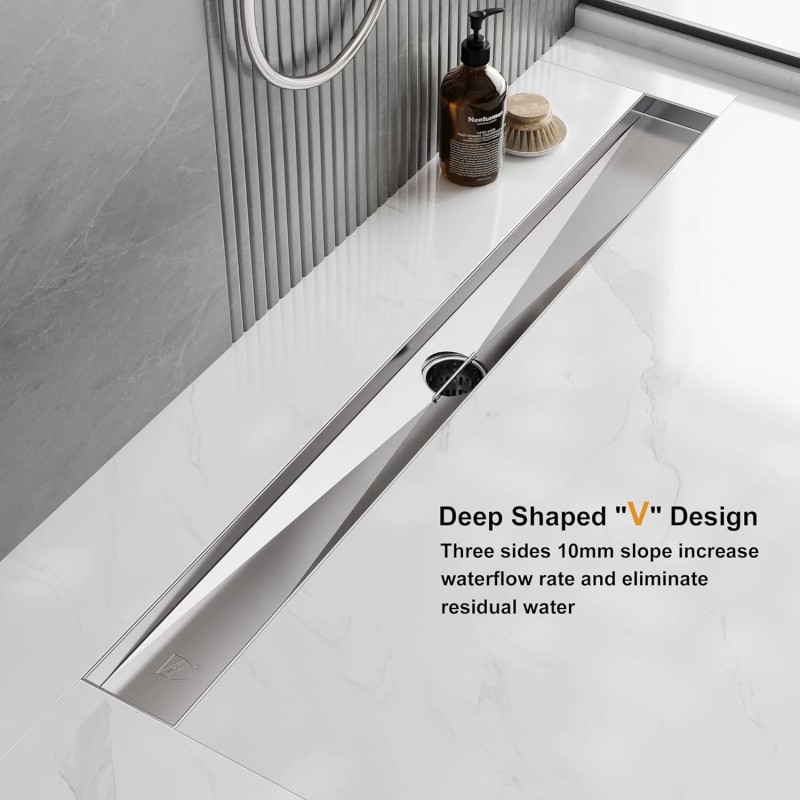 NEODRAIN 28 Inch Recessed Tile-In Brushed Stainless Steel Linear Floor