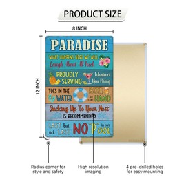 Pool Paradise Tin Sign Swimming Pool Rules Durable Metal Signs Vintage Hanging Plaque Decorative for Beach Home Bar Pool Deck Backyard Fence Wall Decor 12X8 Inch Blue Tropical Style Wood Grain