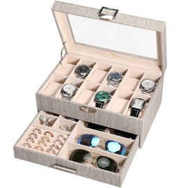 Voova Watch Jewelry Box Organizer for Men Women,12 Slot Leather Watch Storage Case Display Holder with Jewelry Drawer, Removable Watch Pillows, Large Glass Lid for Watches, Sunglasses,Rings,Wood Grey