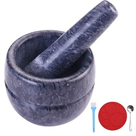 Aisiming Mortar and Pestle Set Polished Natural Marble Stone Guacamole Molcajete Bowl with Base Silicone Pad,Matching Stainless Spoon and Matching Small Brush 200ml Capacity(Small, Dark Gray)