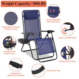 Pazidom Zero Gravity Chair Set of 2, Folding Lounge Chair Adjustable Reclining Chair Camping Lawn Chair w/Pillow and Cup Holder Tray, Folding Chair Outdoor Chair - Comfortable & Breathable, Blue