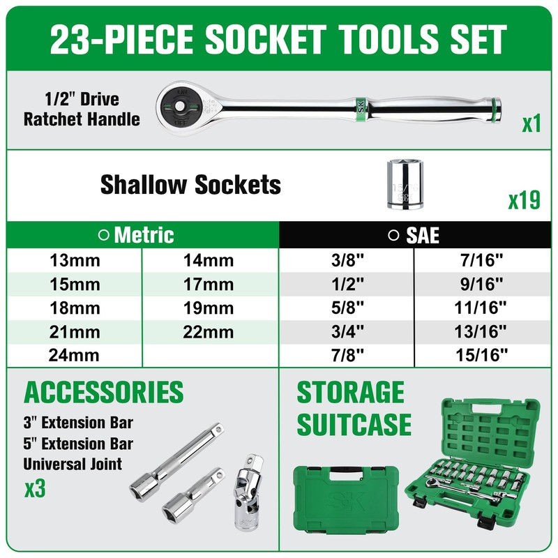 SK 1/2" Drive Socket Set with 216-P Quick-Release Ratchet, 23-Piece,